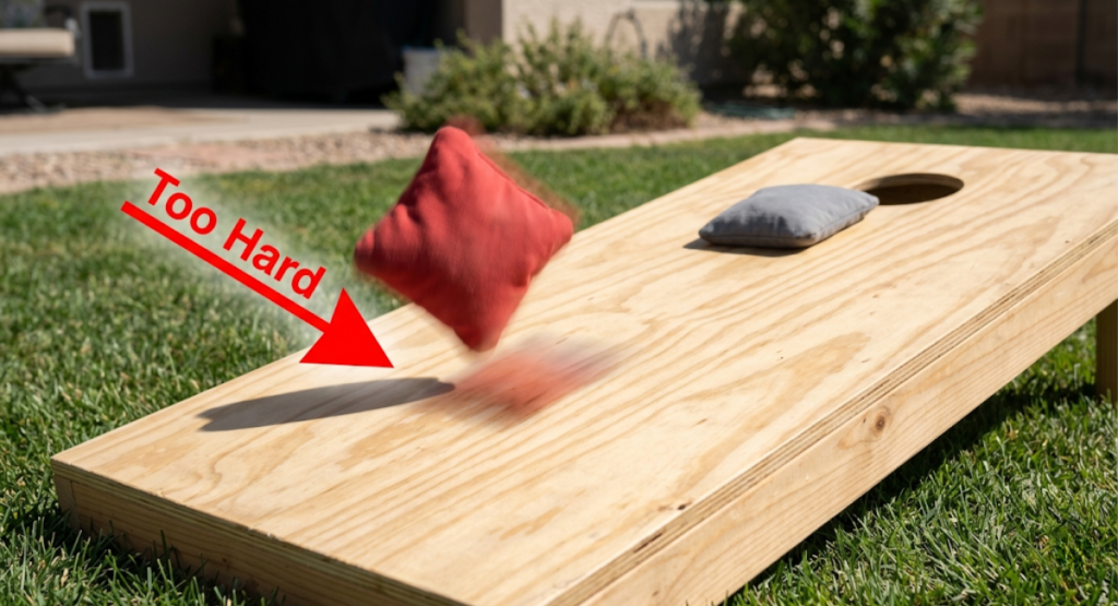 Cornhole bag bouncing off board because player threw too hard showing common beginner mistake