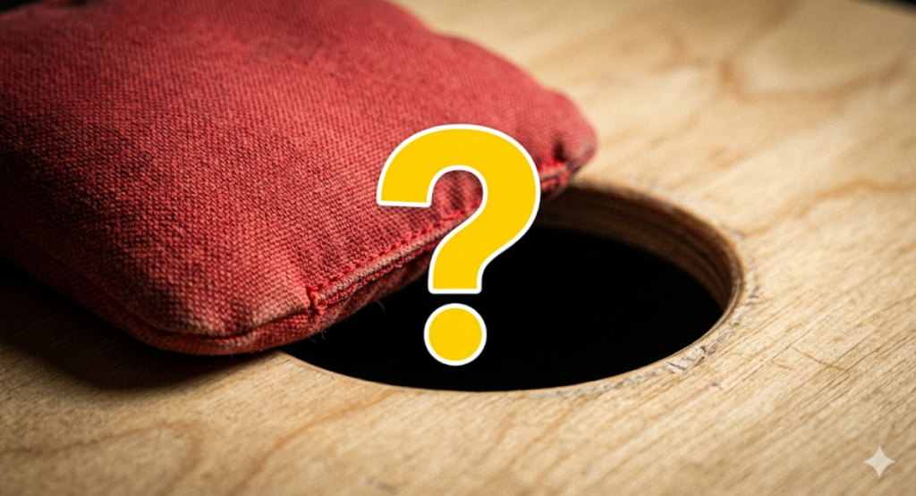 Close up of cornhole bag hanging over edge of hole asking if it counts for 3 points