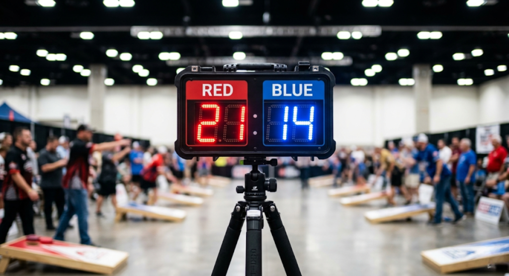 Digital cornhole scoreboard showing 21 points winning score under official regulation rules