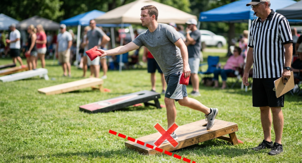 Cornhole player committing foot fault by crossing foul line while throwing resulting in zero points