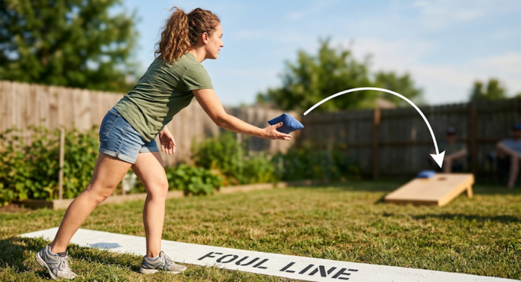 Player demonstrating correct underhand cornhole throwing technique with feet behind foul line