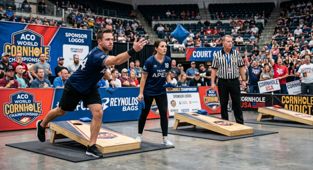 Competitive cornhole tournament match following ACO official rules with players and officials