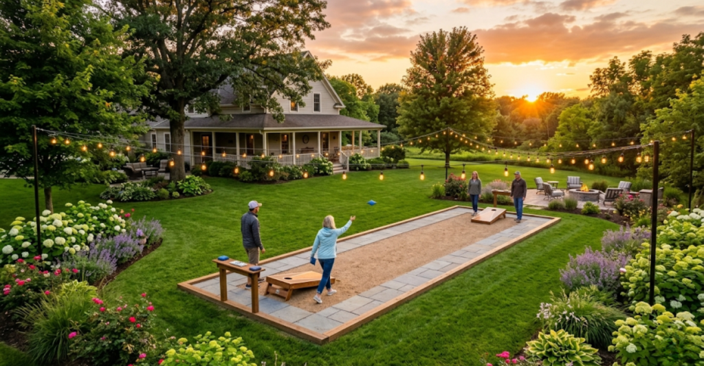Permanent cornhole court in a backyard with professional boards and string lights at sunset