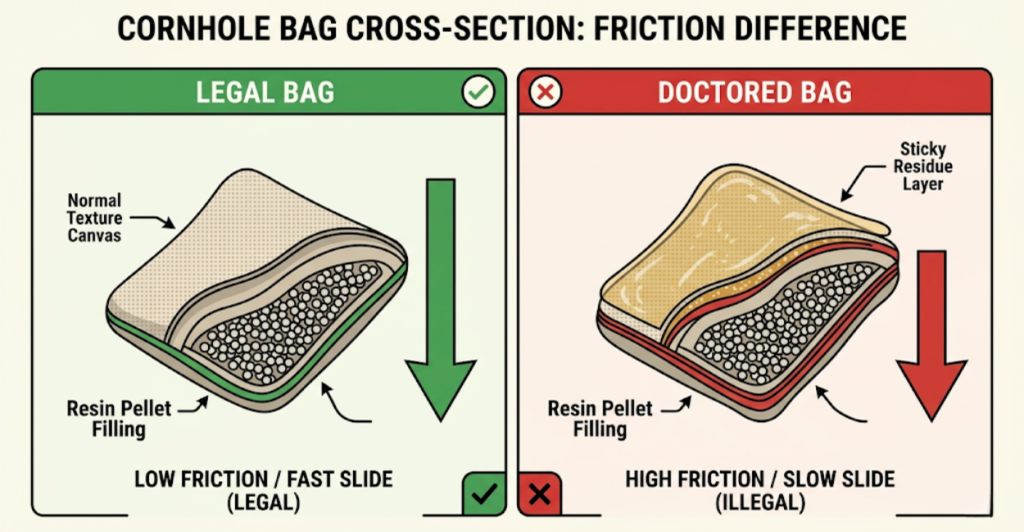 Bag doctoring explained: comparison diagram showing legal bag versus illegally modified bag with sticky surface for cornhole cheating