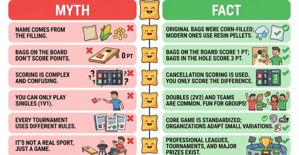 Myth vs fact infographic debunking common misconceptions about cornhole bag fills