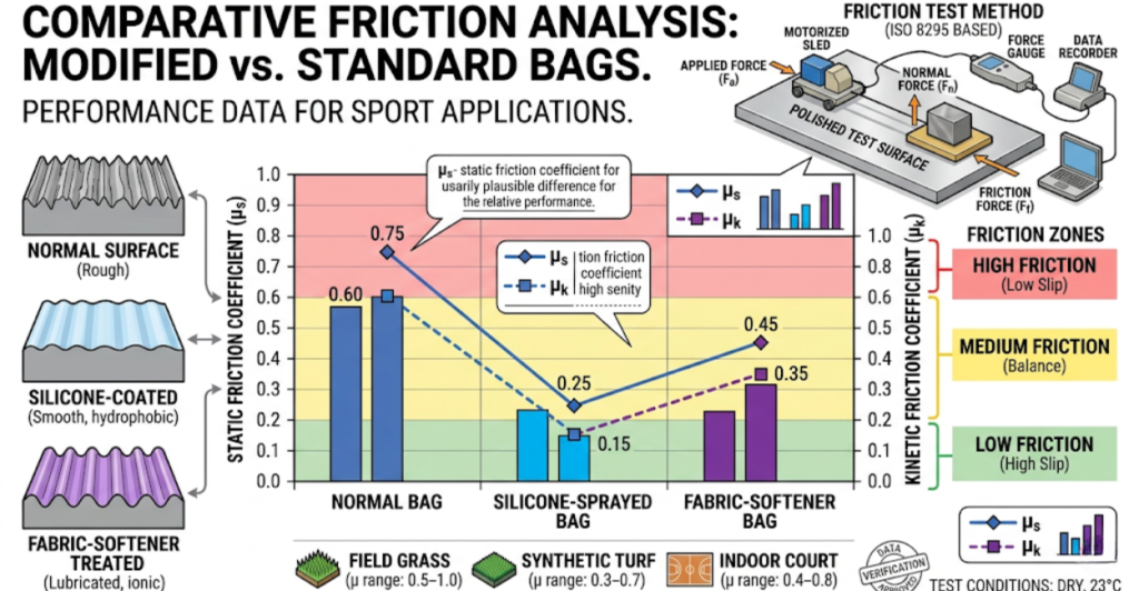 Bag friction coefficient chart: scientific comparison of normal versus doctored cornhole bags for BagGate article