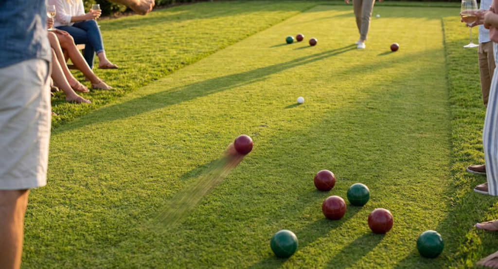 Bocce balls on grass court with pallino target ball representing the Italian lawn game