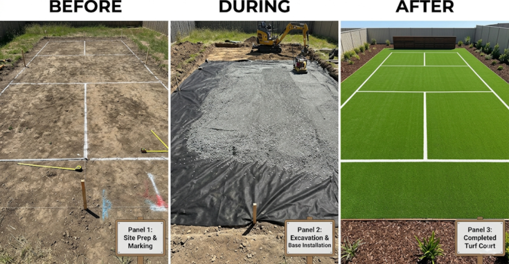 Step by step construction of a backyard cornhole court from marking to excavation to finished turf