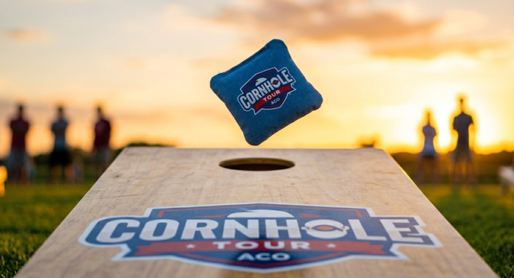 Cornhole bag flying through the air toward the hole representing the modern backyard game
