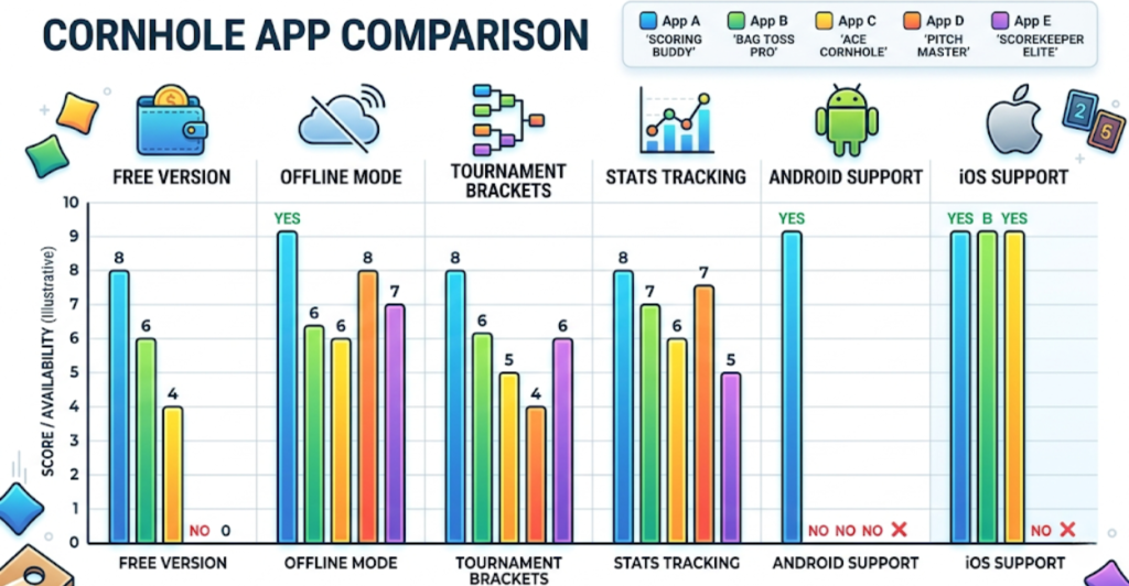 Comparison chart of top cornhole apps showing features and platform availability