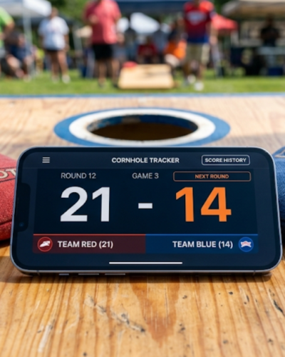 Cornhole app on smartphone resting on a cornhole board with bags beside it