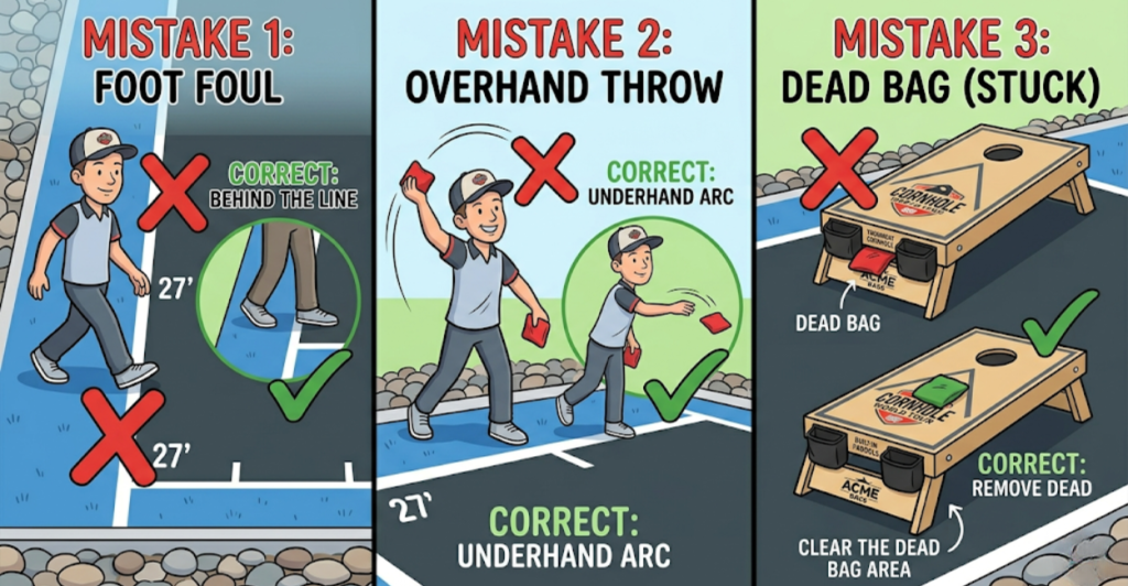Common cornhole beginner mistakes illustrated: foot fault overhand throw and dead bag
