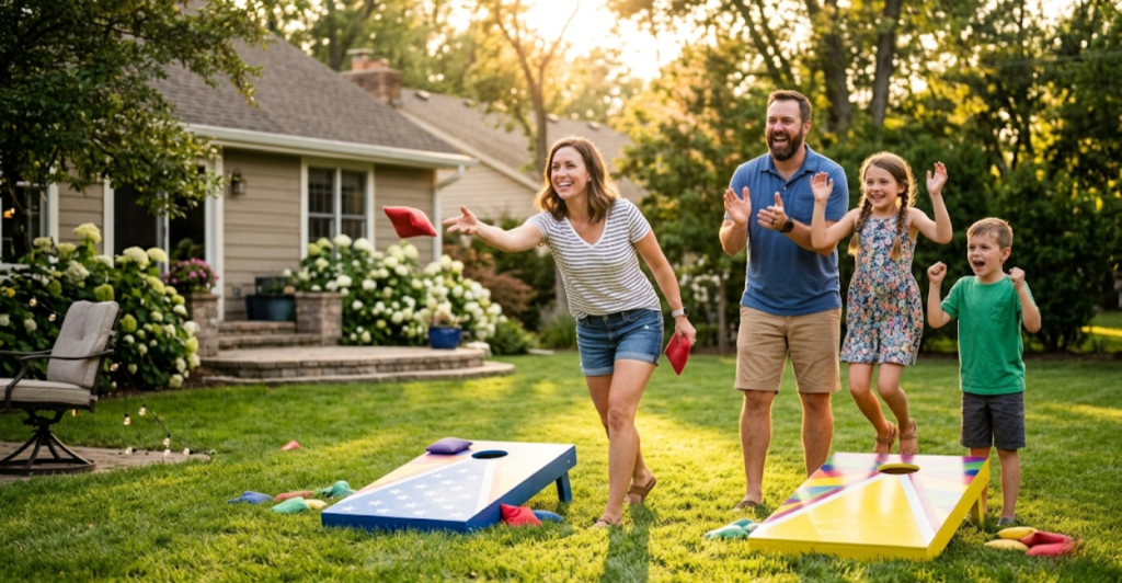 Family playing cornhole in backyard with mom throwing a bag while everyone watches and smiles