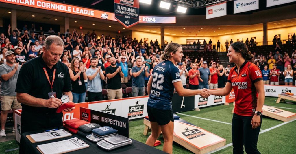Clean cornhole sport after BagGate: officials inspecting bags and players shaking hands at professional tournament