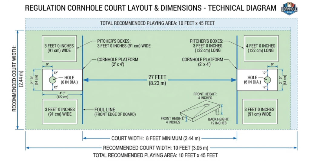 Cornhole court dimensions diagram showing 27 foot distance between boards and pitcher box measurements