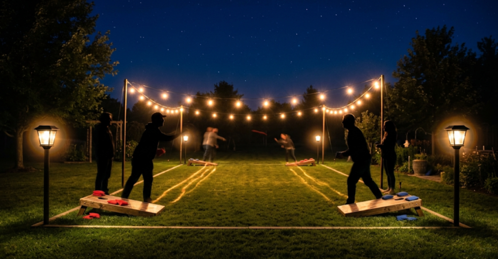 Nighttime cornhole court with solar lighting and string lights showing proper illumination for evening games