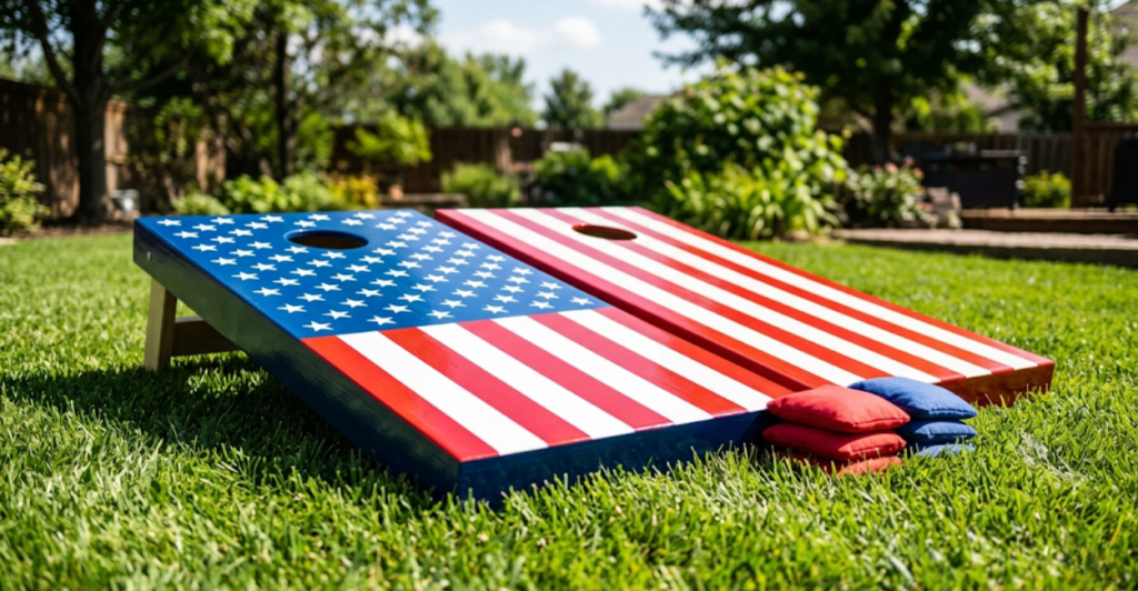 Custom painted cornhole boards with American flag design representing a premium gift over 250 dollars