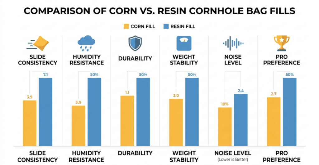Corn vs resin cornhole bag fill performance comparison chart with six key metrics