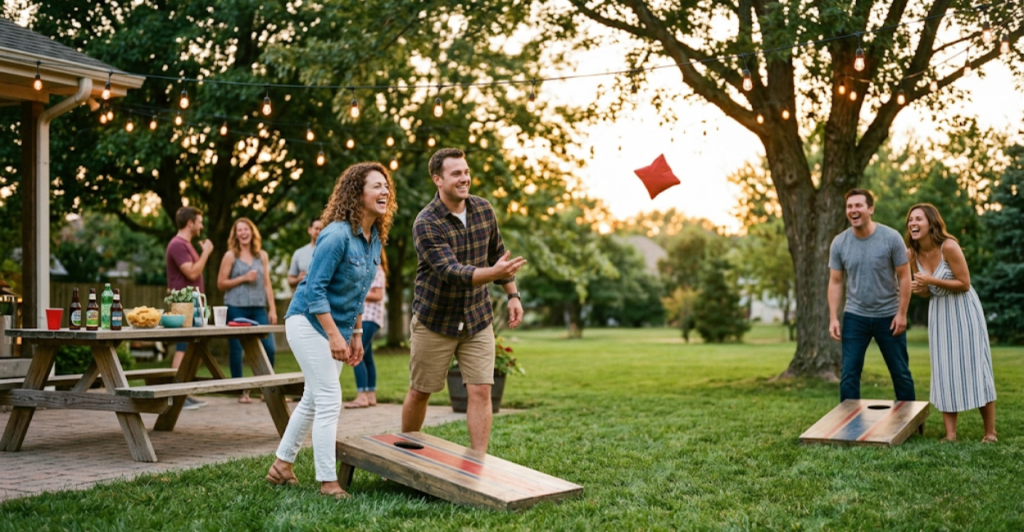 Friends laughing and playing cornhole in a backyard with string lights and picnic table nearby