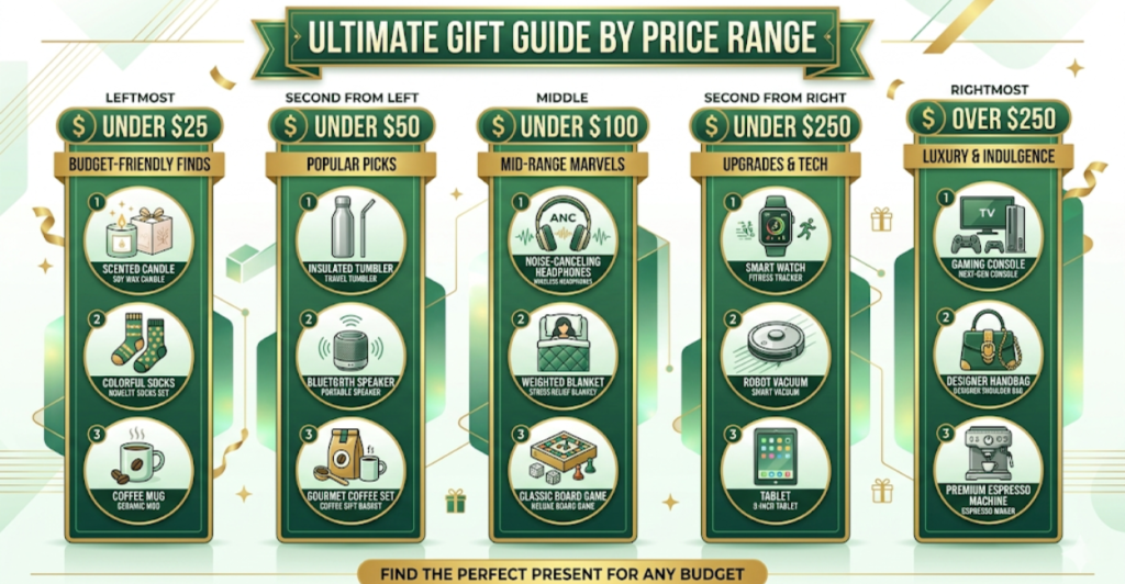 Cornhole gift guide comparison chart showing gift ideas by price range from under 25 to over 250 dollars