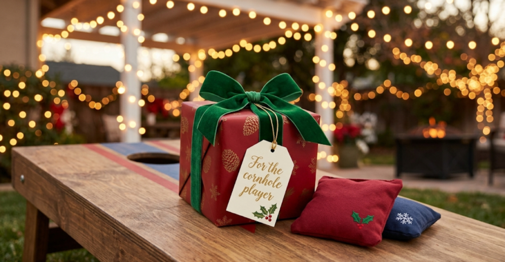 Wrapped gift on a cornhole board with cornhole bags beside it representing a cornhole gift guide