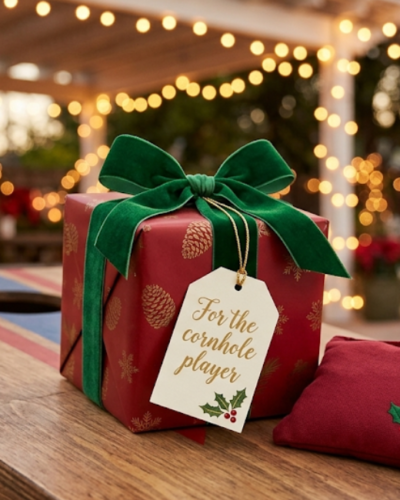 Wrapped gift on a cornhole board with cornhole bags beside it representing a cornhole gift guide