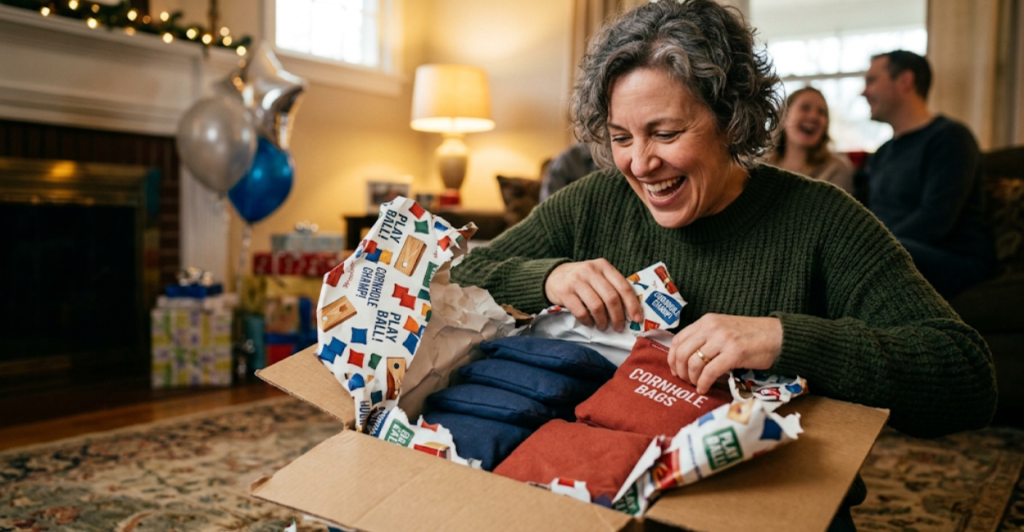 Happy cornhole player opening a gift containing new cornhole bags representing gift giving joy
