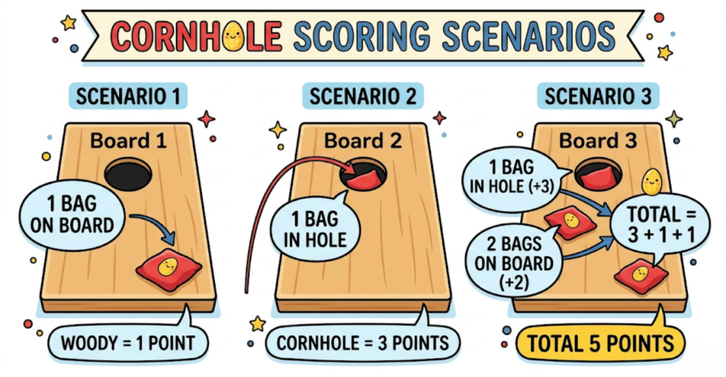 Cornhole scoring diagram showing woody one point cornhole three points and cancellation examples