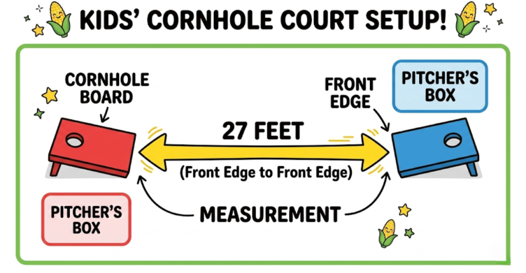 Simple diagram showing cornhole boards placed 27 feet apart with throwing areas marked