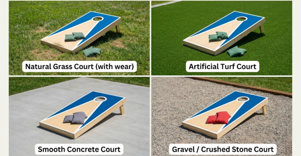 Comparison of four cornhole court surfaces: natural grass artificial turf concrete and gravel
