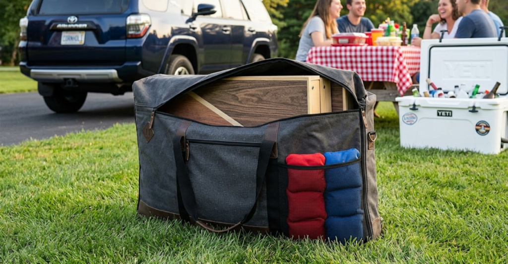 Portable cornhole travel set in carrying case ready for tailgating or beach trips