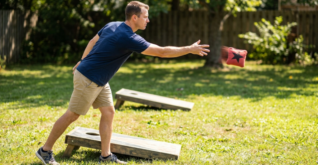 Person demonstrating correct underhand cornhole throwing technique with feet behind the board