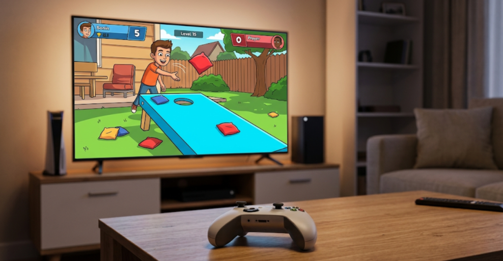 Cornhole video game on television screen with controller in foreground