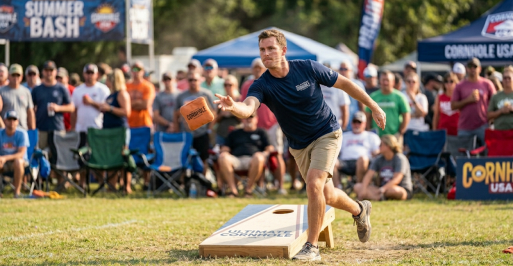 Player throwing a beanbag toward a cornhole board during a competitive tournament.