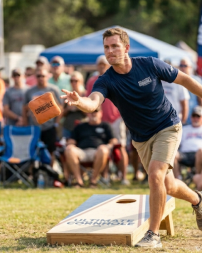 Player throwing a beanbag toward a cornhole board during a competitive tournament.