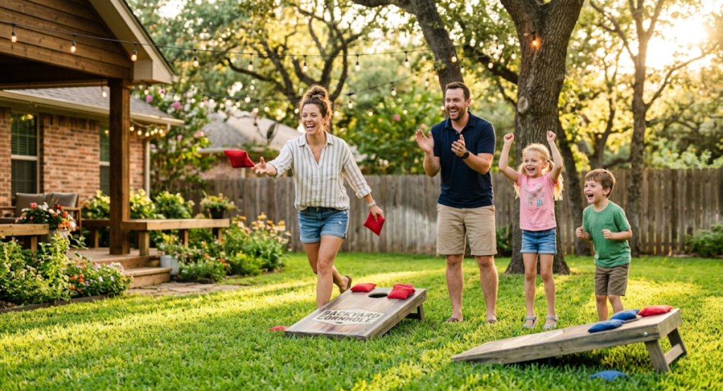 Happy family playing cornhole together in backyard representing the best overall lawn game choice