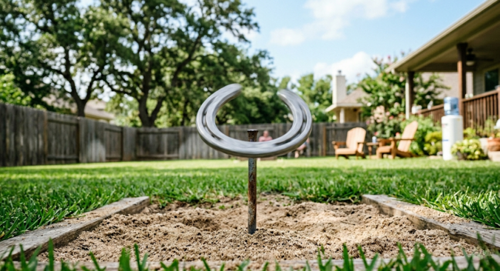 Horseshoe flying through the air toward a metal stake in a sand pit showing traditional lawn game