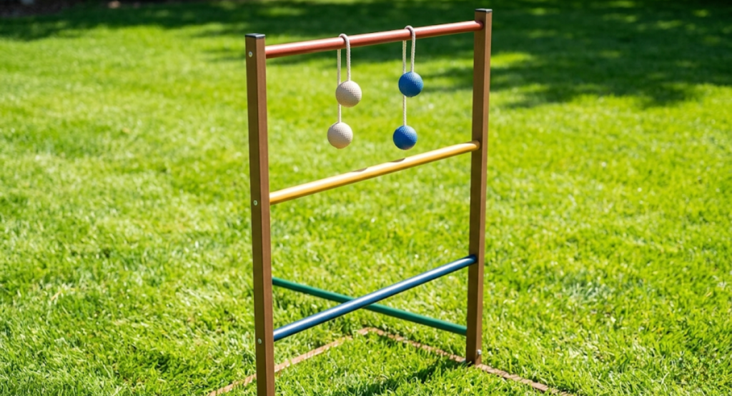 Ladder toss game with bolas hanging from rungs showing the rope and ball design