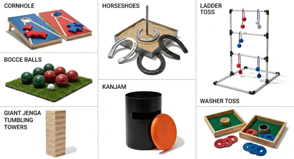 Collage of six backyard lawn games including cornhole horseshoes bocce ladder toss kanjam and washer toss