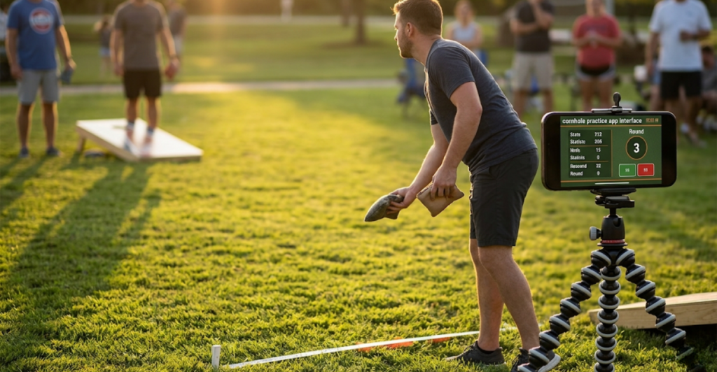 Player using a cornhole practice app with phone mounted on tripod during solo training