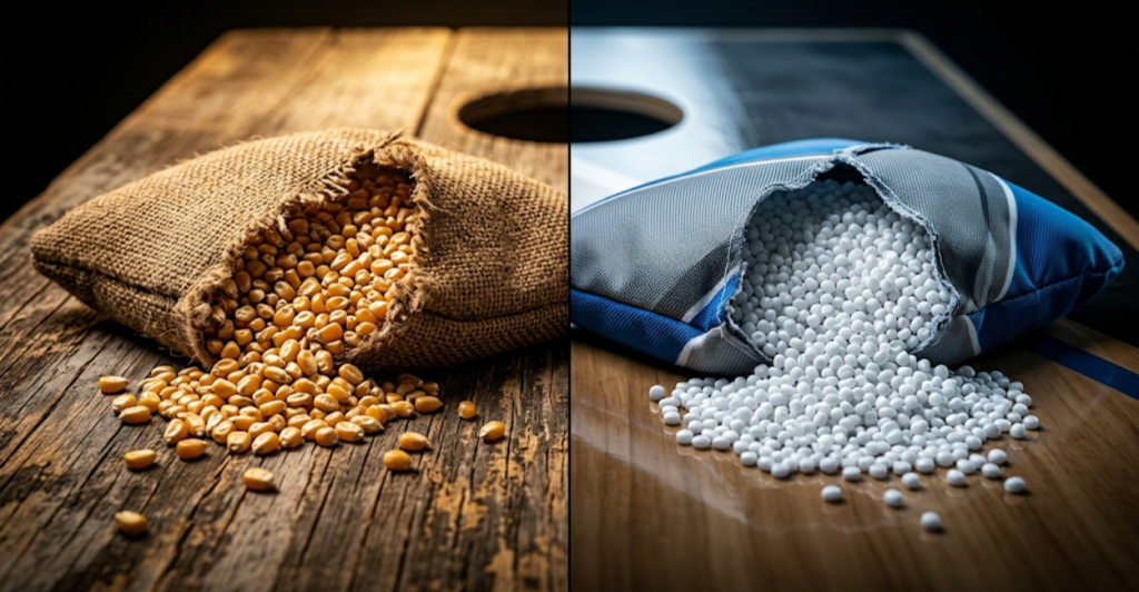 Resin vs corn cornhole bag fill comparison showing corn kernels on left and resin pellets on right