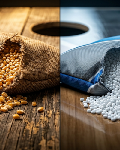 Resin vs corn cornhole bag fill comparison showing corn kernels on left and resin pellets on right