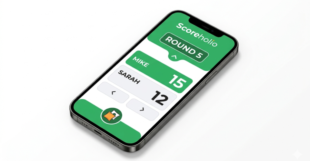 Scoreholio cornhole scorekeeping app interface showing two players scores