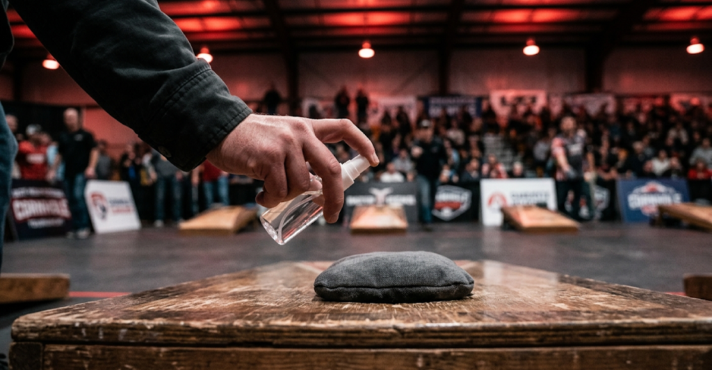 Silicone spray bag doctoring: player illegally applying silicone to cornhole bag during BagGate scandal
