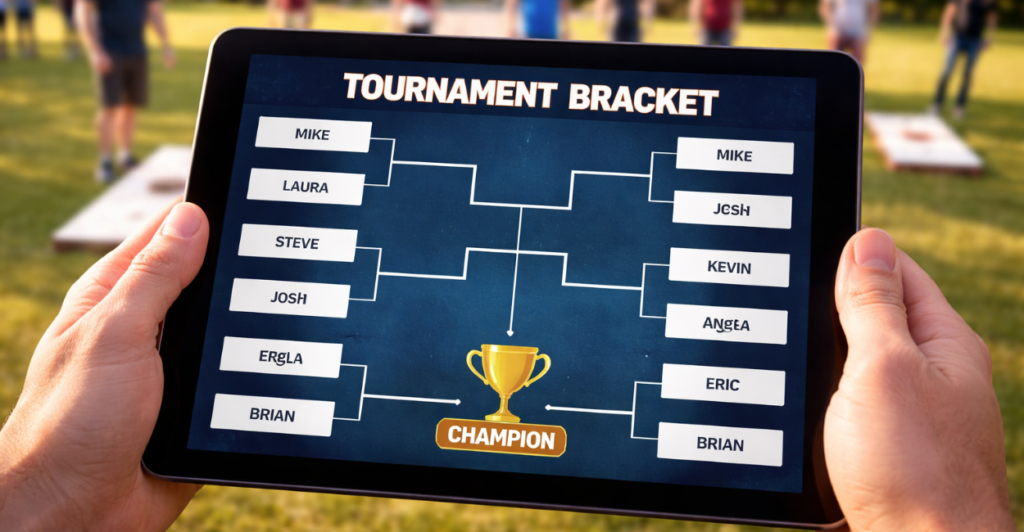 Digital tournament bracket on tablet at a cornhole tournament event