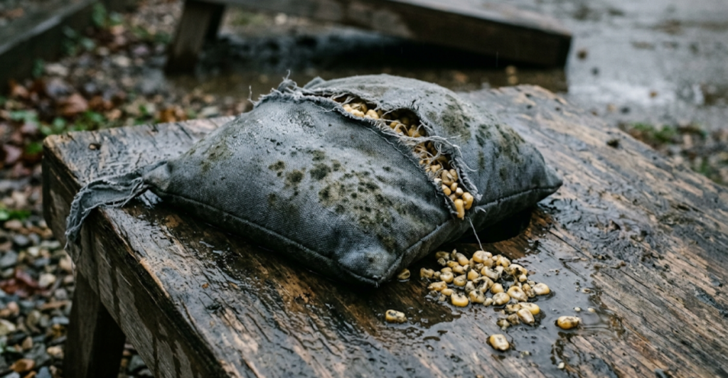 Mold and swelling damage on a corn filled cornhole bag exposed to moisture