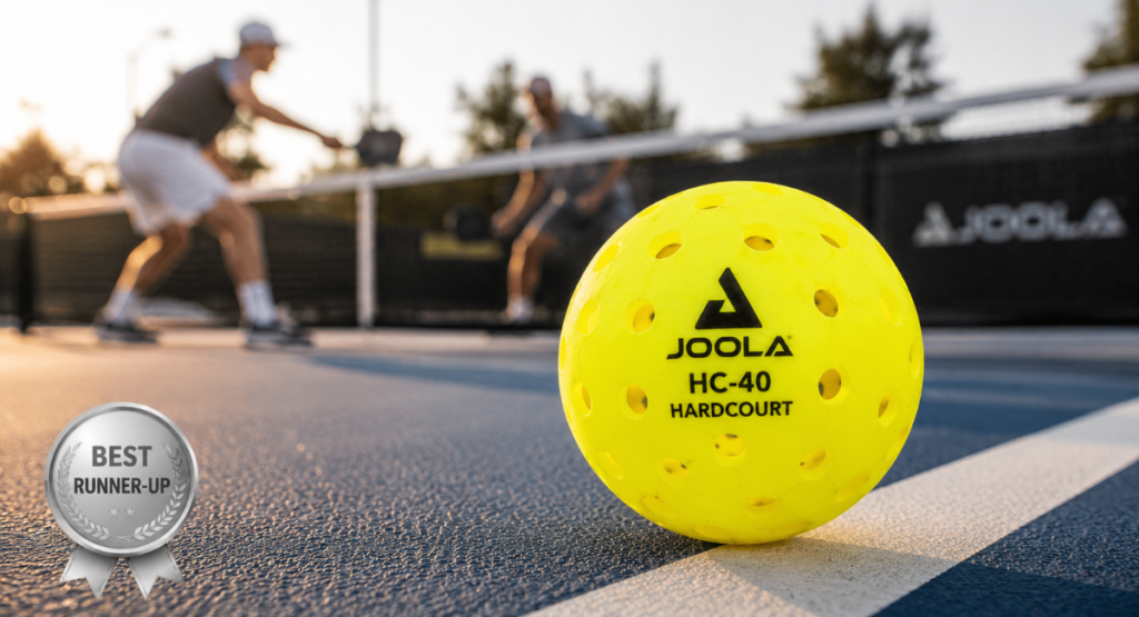 JOOLA HC-40 Hardcourt Pickleball on an outdoor court with competitive players in the background during a fast-paced rally.
