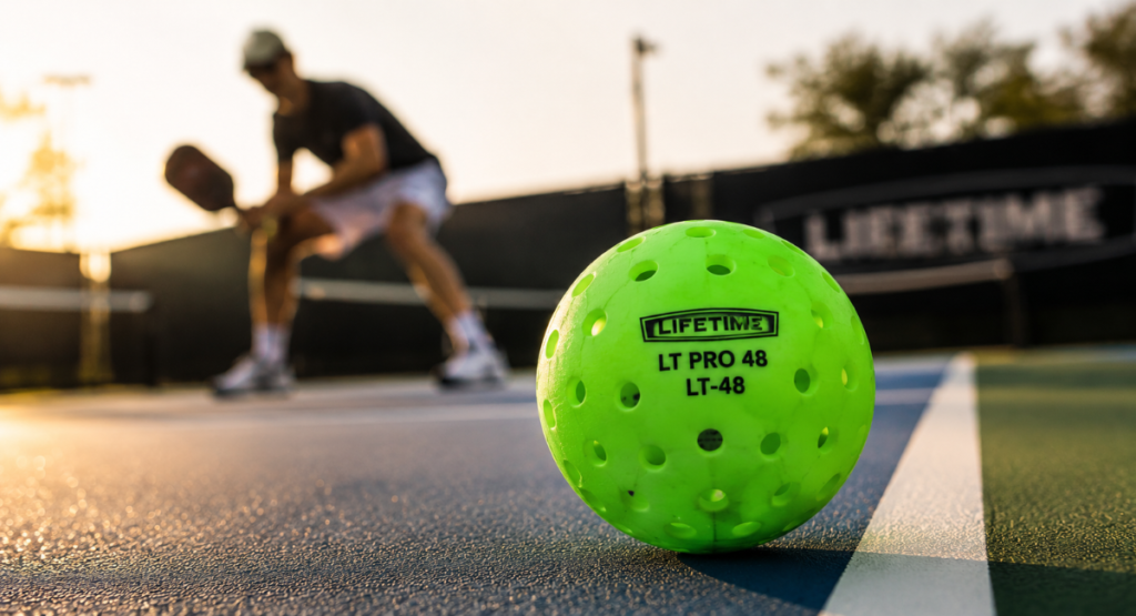 Lifetime LT Pro 48 outdoor pickleball ball on a court with advanced player in the background during competitive outdoor play.
