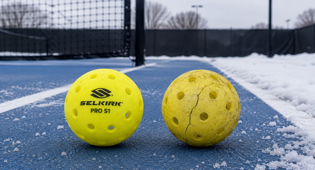 Outdoor pickleball balls cracking in cold weather winter
