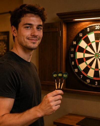Beginner player holding darts in front of a home dartboard, ready to throw